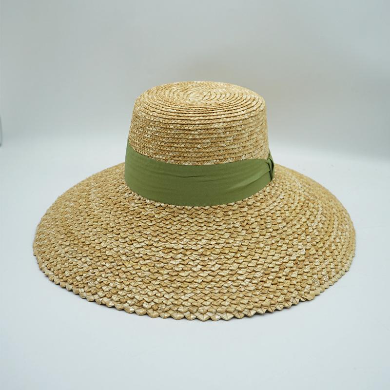 Europäischer und Amerikanischer Rhombus Stroh Spleißen Große Krempe Flache Oberseite Zylinderhut Damen Sommer Sonnenschutz UV-Schutz Urlaub Strand Strohhut Reise