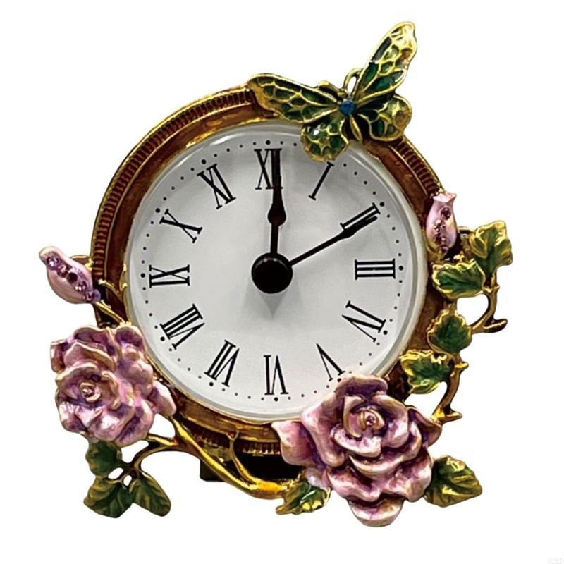 62KD Compact Vintage Desk Clock with Quiet Movement and Metal Florals Butterfly Pattern Decorative Mini Table Clock Gift