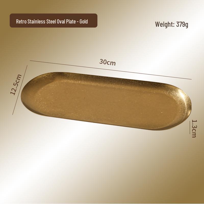 Retro Stainless Steel Oval Japanese Ornament Tray in Gold for Creative Restaurant Dessert and Pastry.