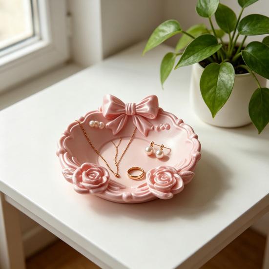 3D Printed Jewelry Tray Small Round Ring Holder Dish with Bow for Women Girls Floral Trinket Bowl Jewelry Organizer for Vanity Dresser Decor