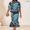 Women Plus Size Navy Golden Printed Round Neck Batwing Sleeve Ruffle Hem Top Fishtail Skirt Two Piece Set