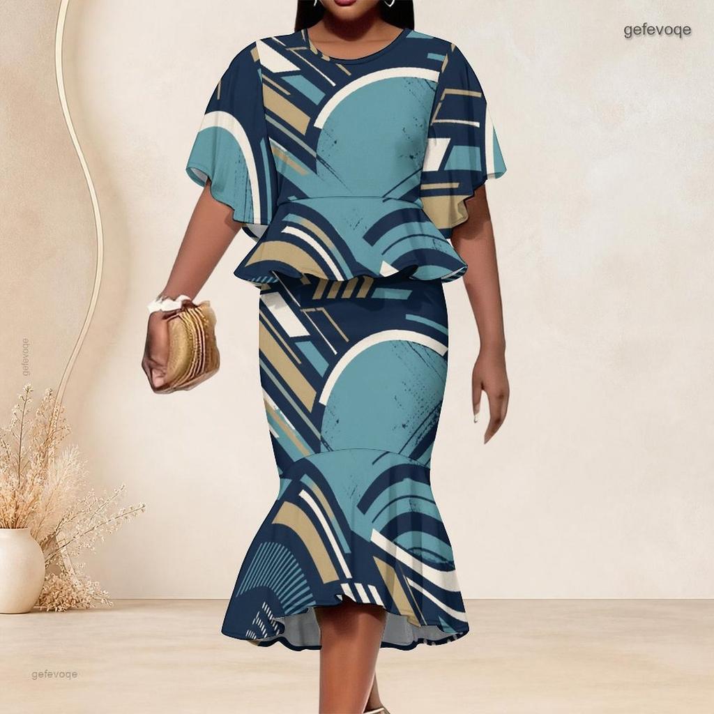 Women Plus Size Navy Golden Printed Round Neck Batwing Sleeve Ruffle Hem Top Fishtail Skirt Two Piece Set