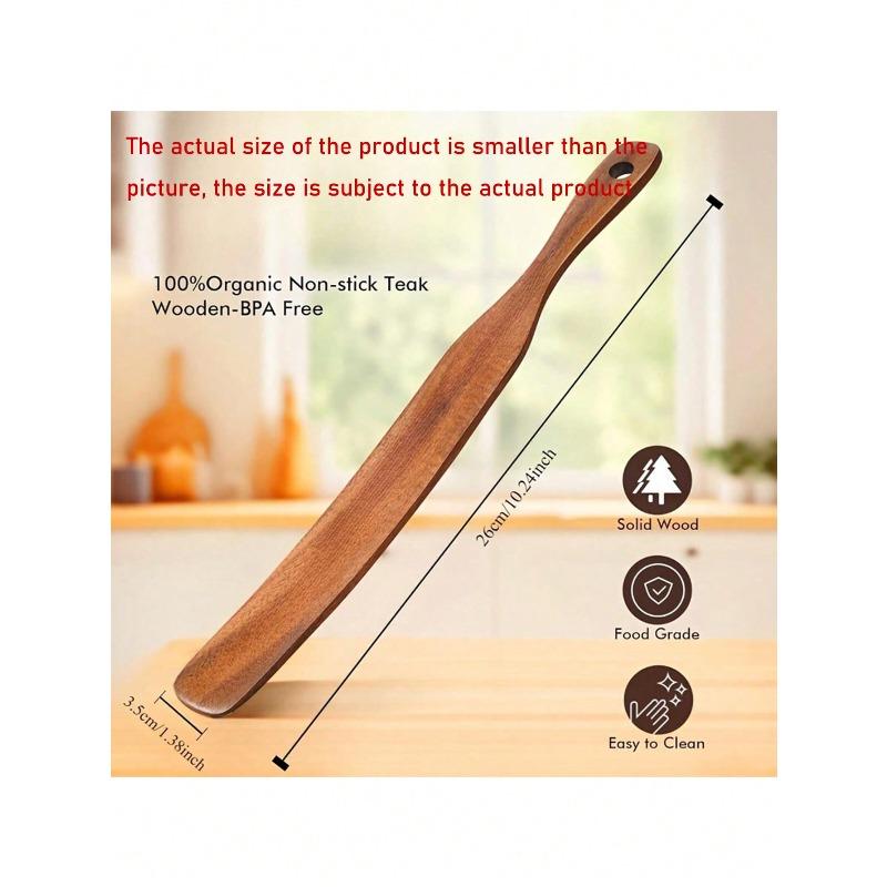 1pc Premium Teak Wood Spurtle - Narrow Design For Sourdough Starter, Mixing, And Reaching Jar Bottoms, Strong, Kitchen Utensil For Nonstick Cookware