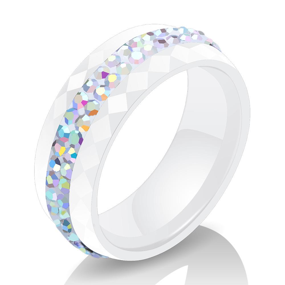 8MM Black and White Ceramic Ring with Dual Row Inlaid Diamonds for Women