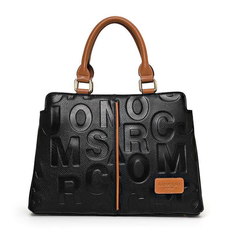 Ladies' Genuine Cowhide Leather Handbag with Letters, Crossbody, Single Shoulder, Large-Capacity Tote Bag