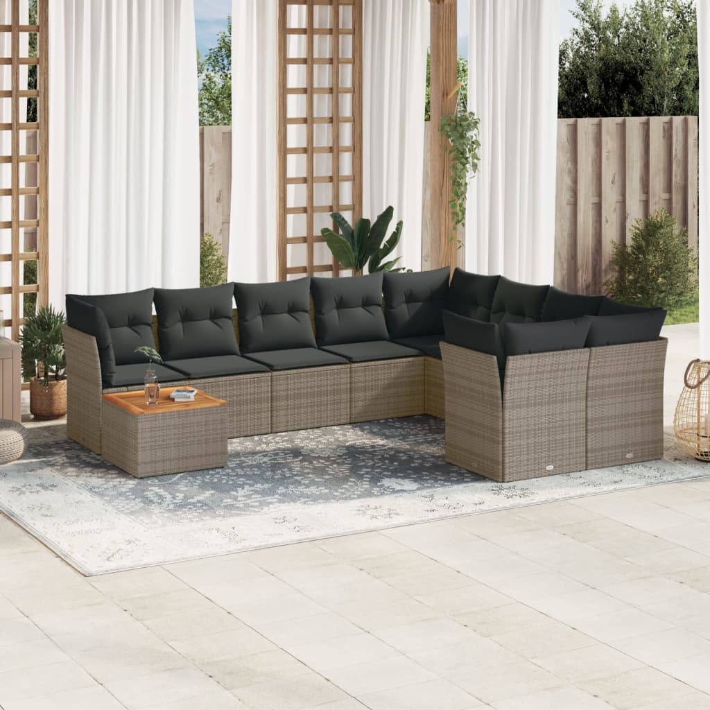 10 Piece Grey Garden Sofa Set with Cushions Poly Rattan