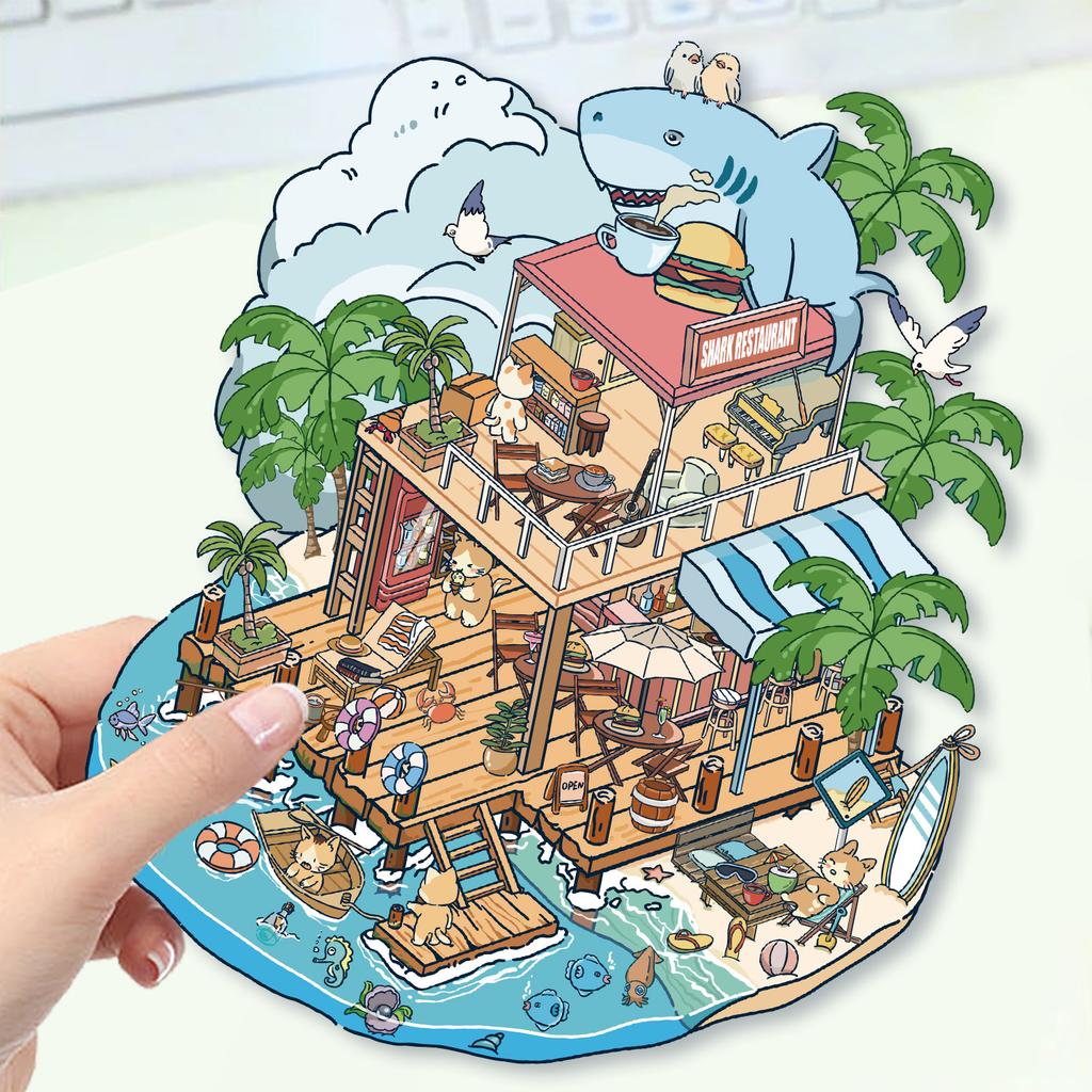 Cartoon Large Landscaping Cartoon Shark Restaurant Scene Sticker 3D Miniature World Decompression DIY Scene