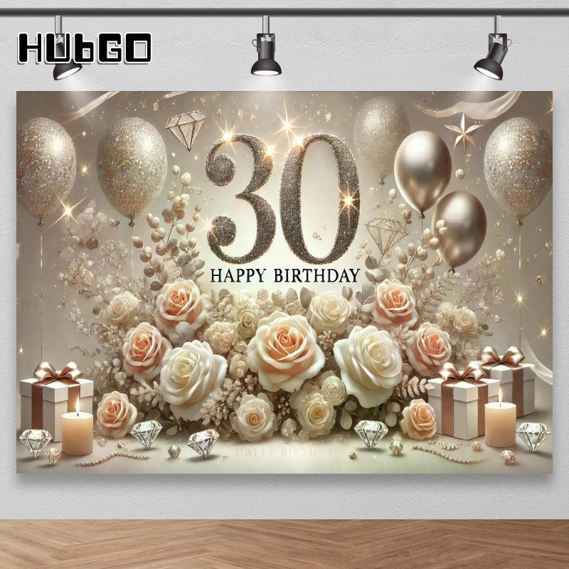 2D flat banner 1PC 30th birthday background with sparkling balloons flowers and gifts - photography background celebration