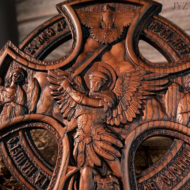Vintage St. Michael's Church Orthodox Archangel Cross Home Wall Decor, Wood Carving, Table Decoration
