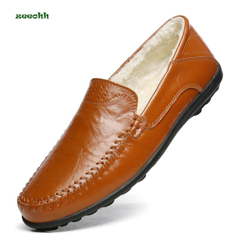 Premium Black Leather Men's Slip-On Loafers with Warm Lining - Autumn Winter Comfort for European Men | Big Sizes 44-47