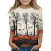 Kids Halloween Printed T-Shirt 3/4 Sleeve Round Neck Casual Top with Pumpkin Witch Design