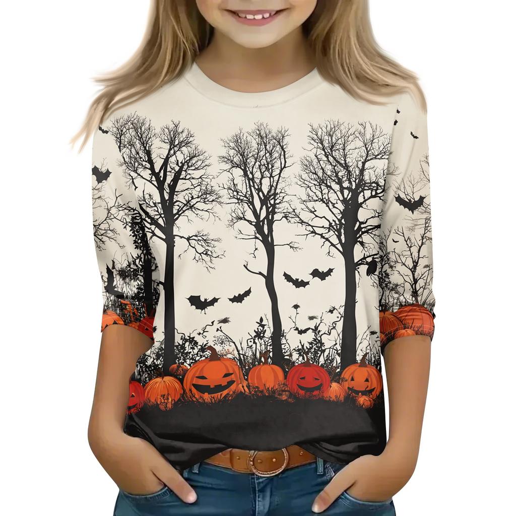 Kids Halloween Printed T-Shirt 3/4 Sleeve Round Neck Casual Top with Pumpkin Witch Design
