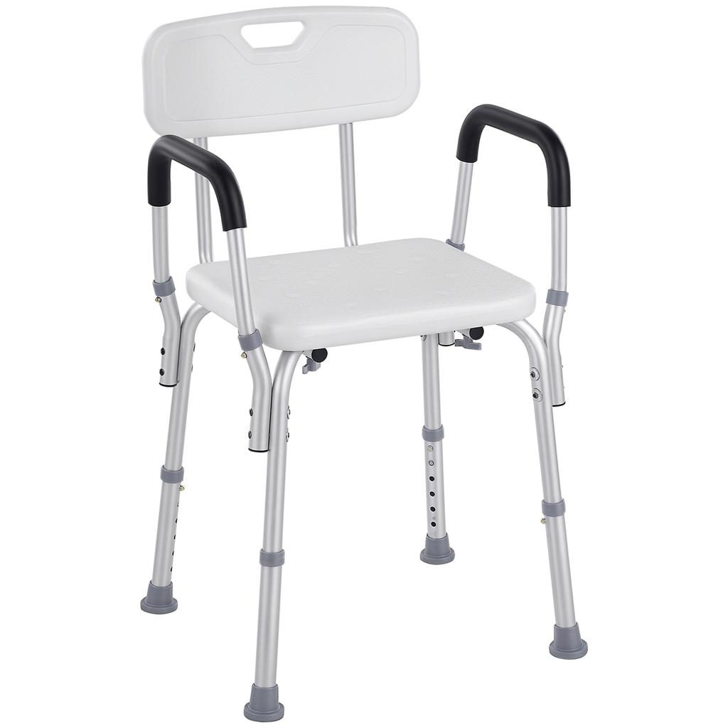 Shower Chair, Height Adjustable, Non-Slip Feet, Backrest/Armrests, 136 Kg, Aluminum/HDPE, White