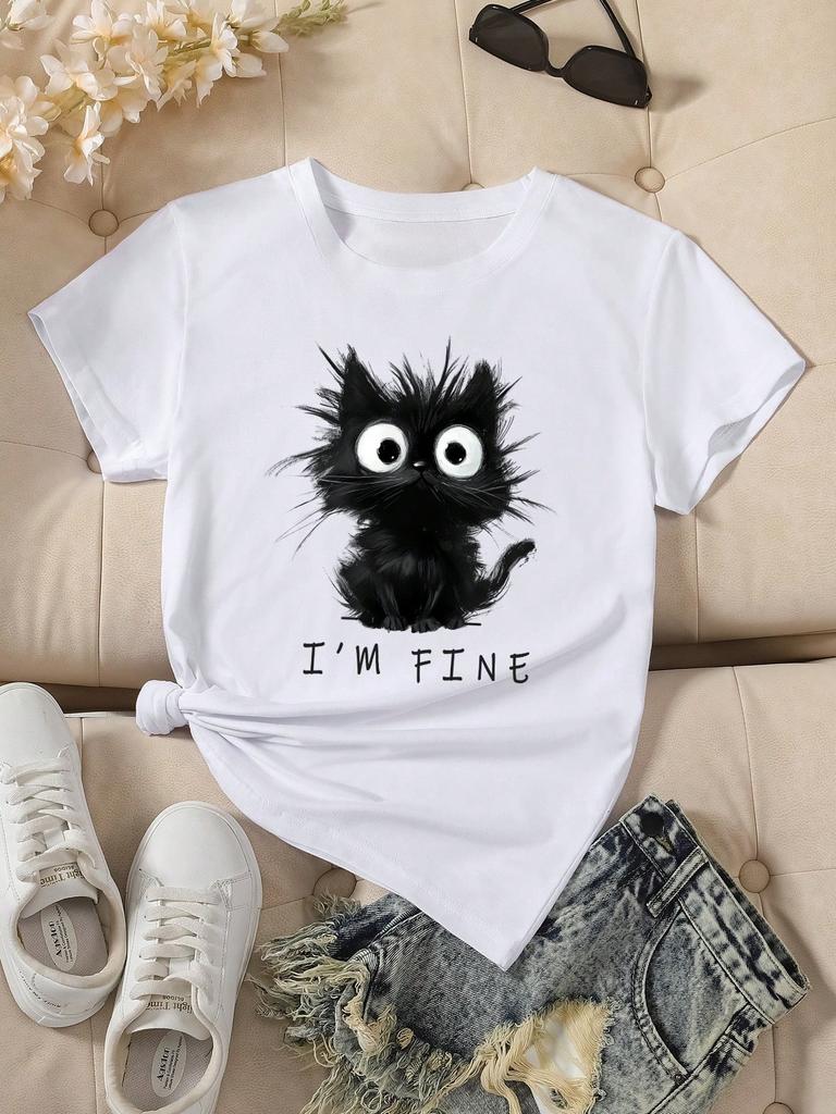 2025 New Womens Cute Cat Pattern Graphic Short Sleeve TShirt Round Neck Casual Tshirt Tops Cool Printed FeUnisex Tees