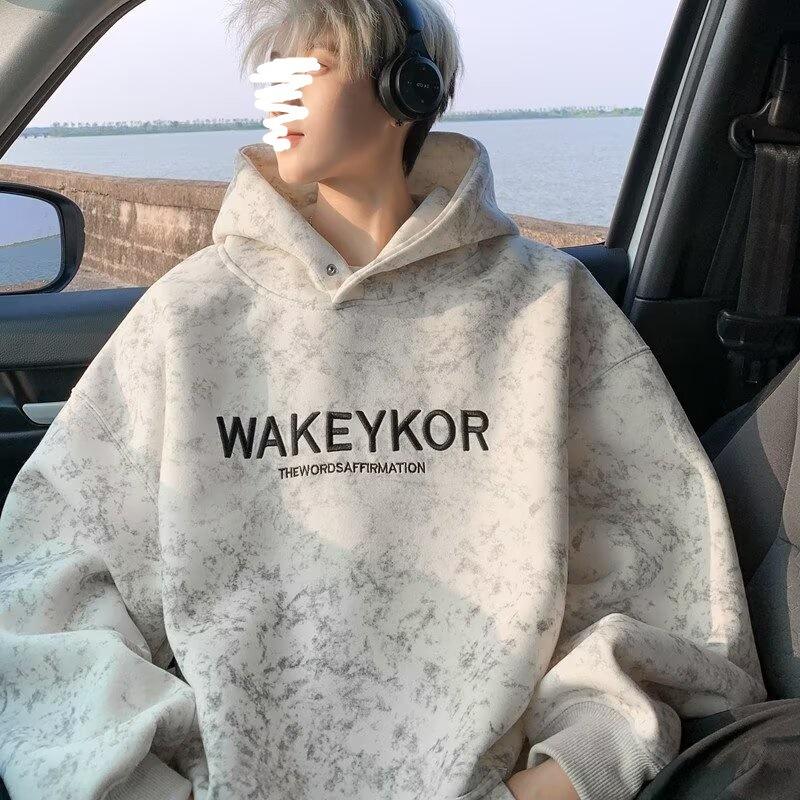 

American heavy tie-dye dirty cloth embroidered hooded sweater men s high sense loose casual retro sweater jacket tide 3XL