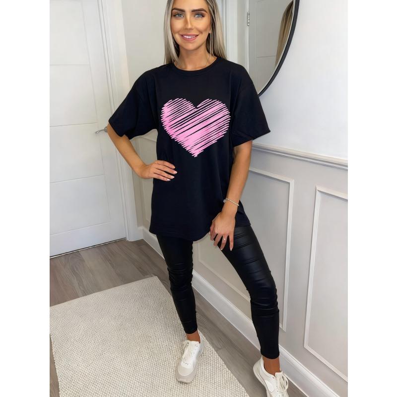 Oversized T Shirt Black Pink Heart Print Casual Wear For Women Summer Outfit Street Style Fashion Top
