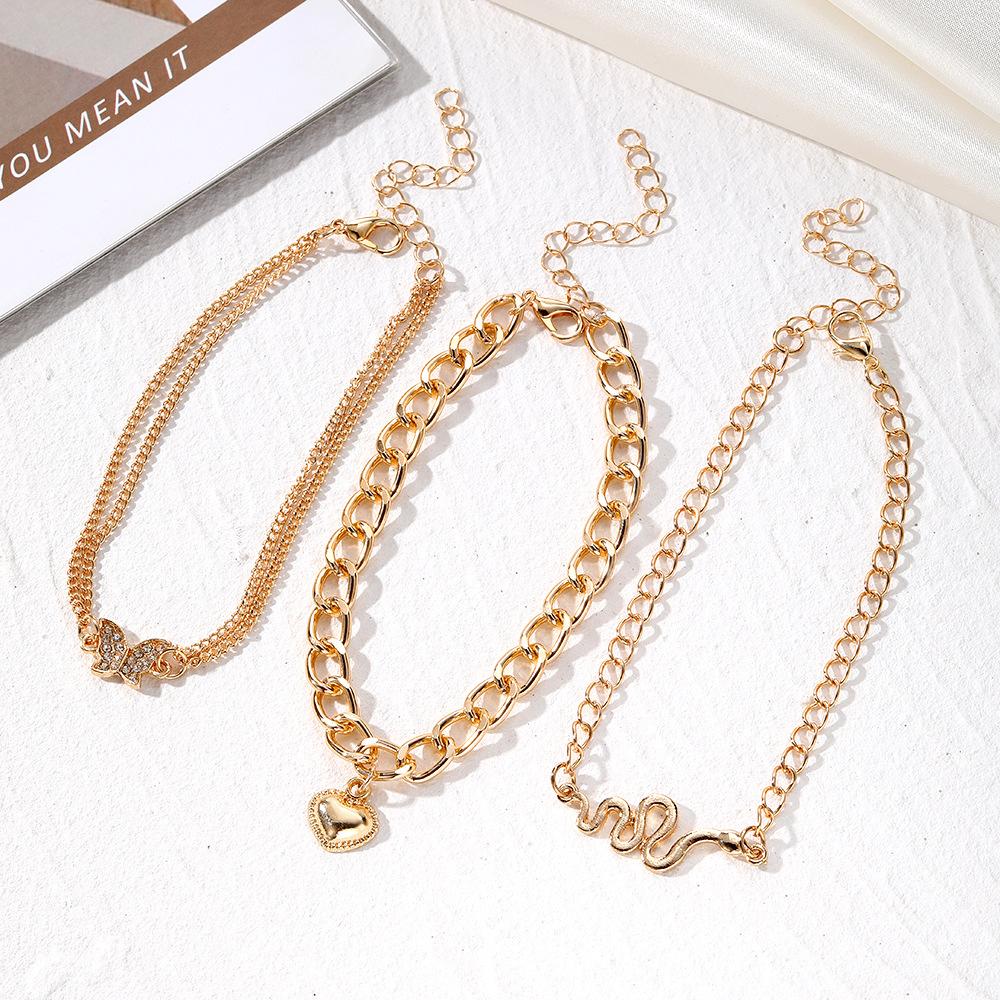Golden Chain Snake Butterfly Multi-layer Artificial Crystal Chain Creative Anklet 3-piece Vintage Anklet Set For Women Jewelry