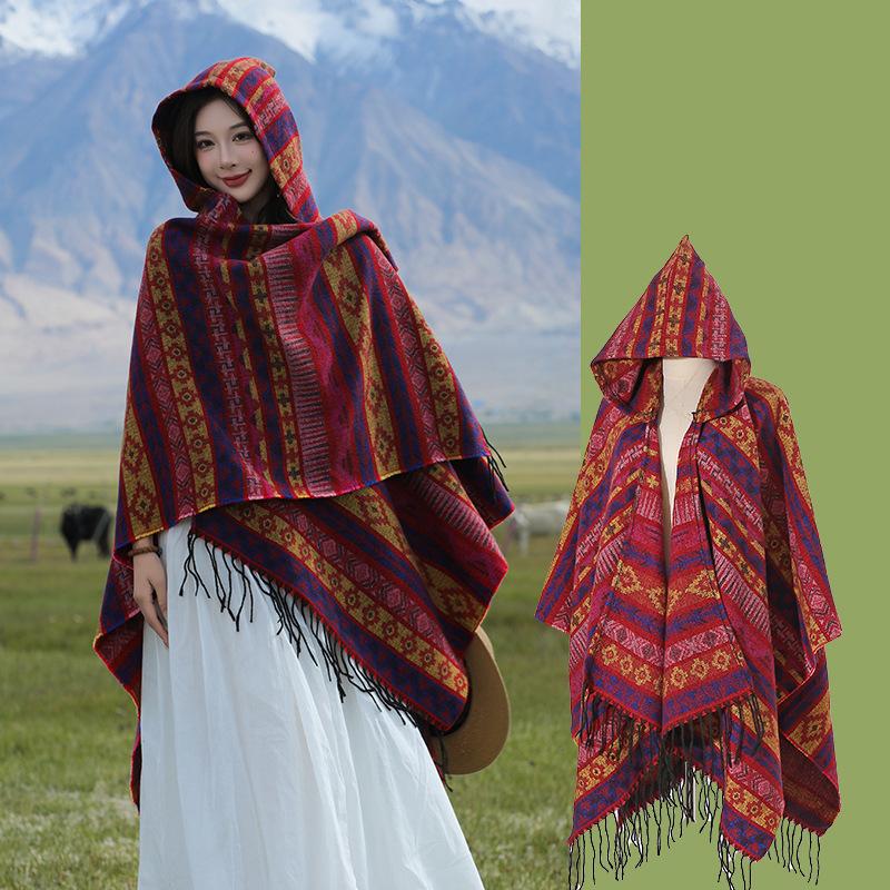 

Одежда для путешествий Туризм Этнический стиль Полосатая шаль с бахромой Накидка женская Тибет Цинхайская пастбищная женская 130*150CM красный