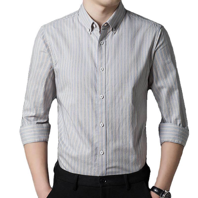 Hengyuanxiang Men's Non-Iron Striped Cotton Long-Sleeve Shirt - Spring & Autumn Casual Loose Fit