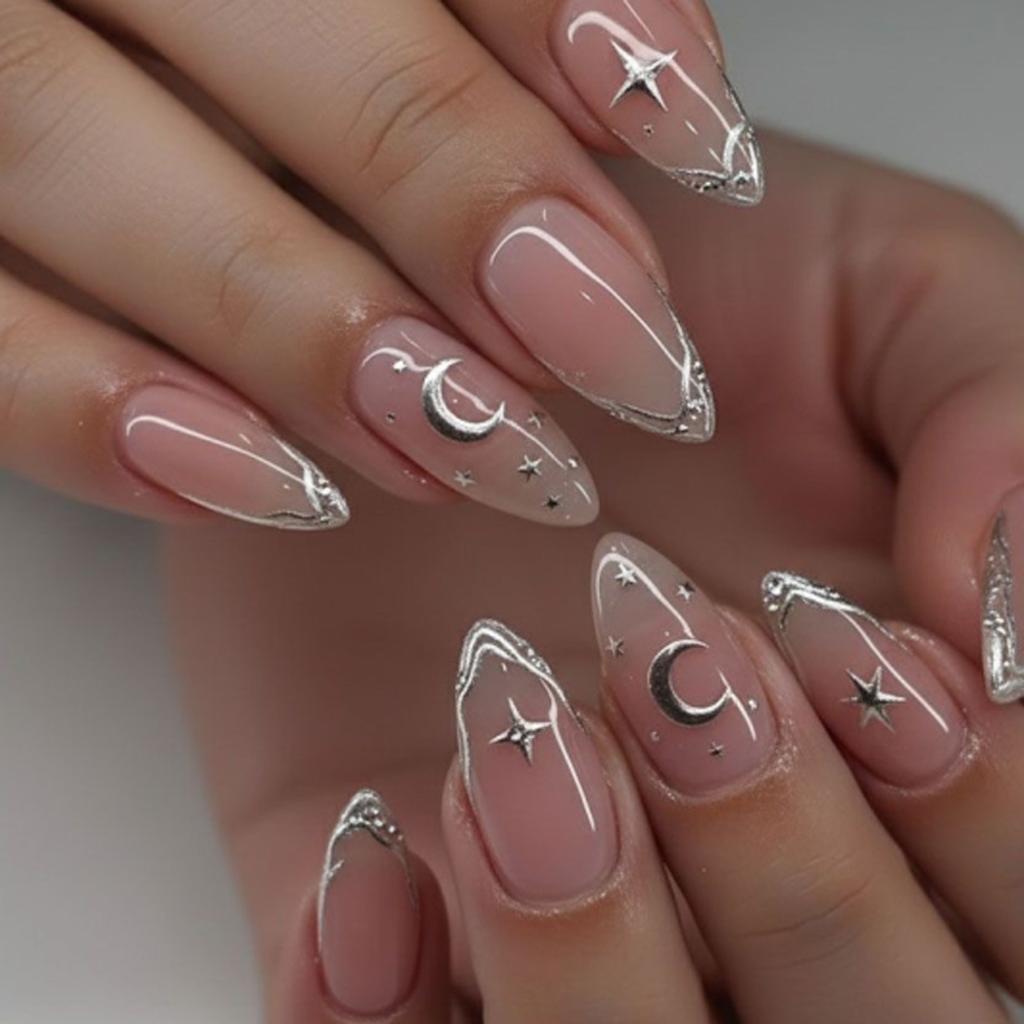24Pcs Gold Cat Eye French Pearl Fake Nails Medium Almond Glitter Irregular Line Press On Nails
