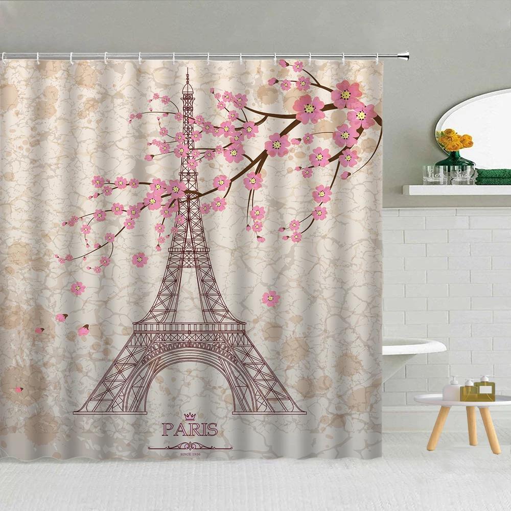 Floral Shower Curtain, Spring Nature Theme Cherry Blossom Bathroom Decor Polyester Fabric Waterproof Bath Curtain with Hooks