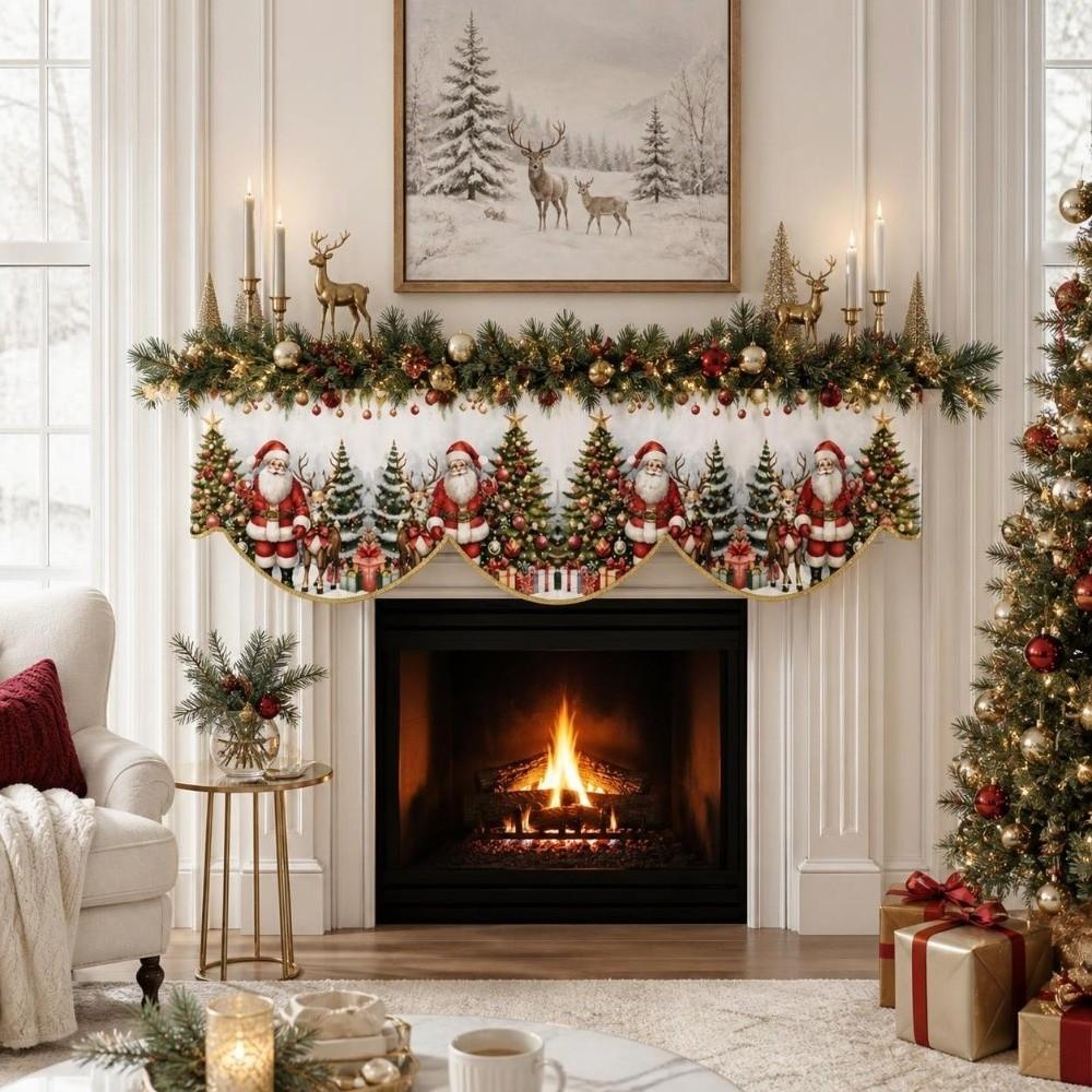 Santa Claus Mantel Topper Snow Landscape Xmas Mantel Decor Fireplace Shelf Cover Winter Holiday