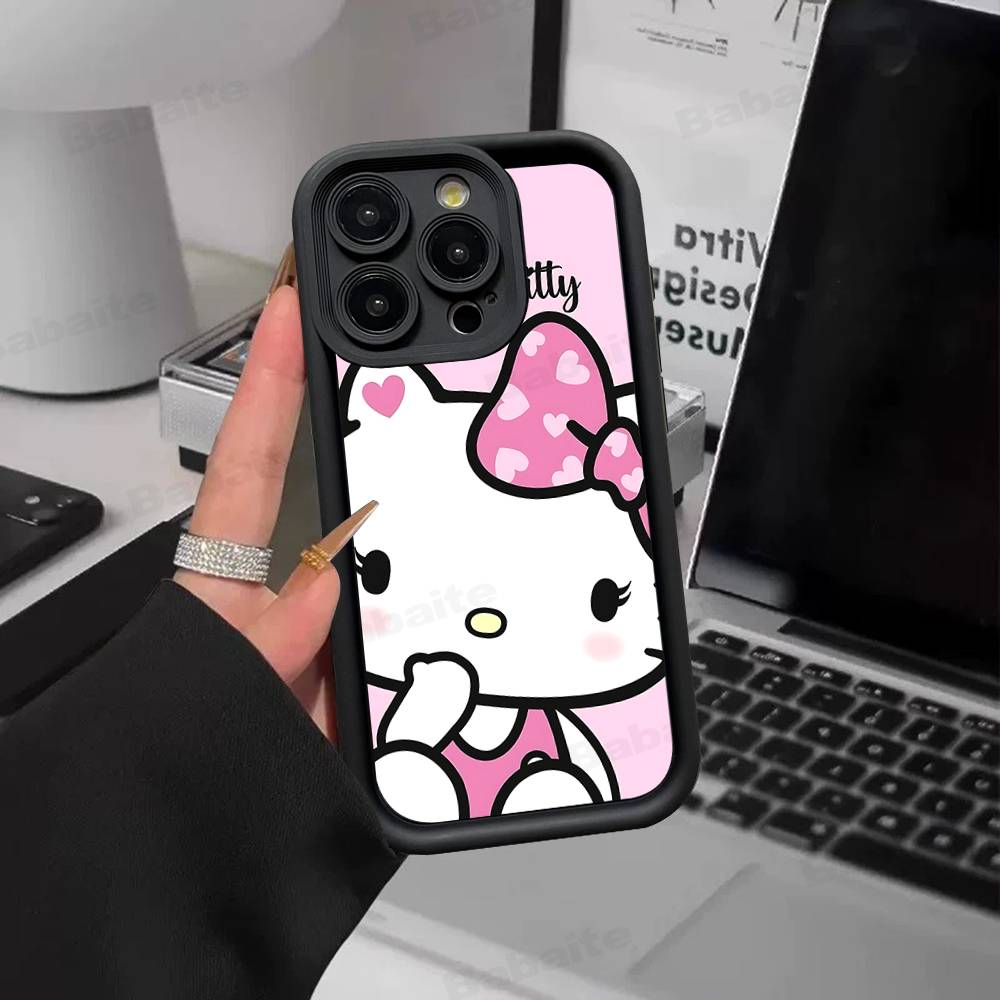 H-Hello Kitty Silicone Soft Phone Case For IPhone 17 16 15 14 Plus 13 12 Mini 11 Black Cover