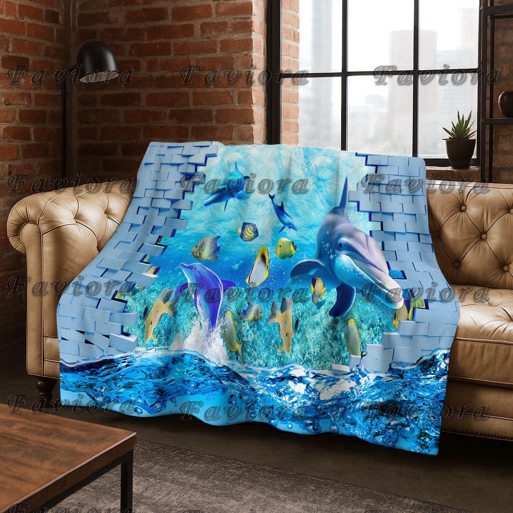 26 Style 3D Illusion Sea Underwater World Dolphin Flannel Blanket,Cozy Soft Throw Blanket for Home Bedroom Bed Sofa Cover Gift