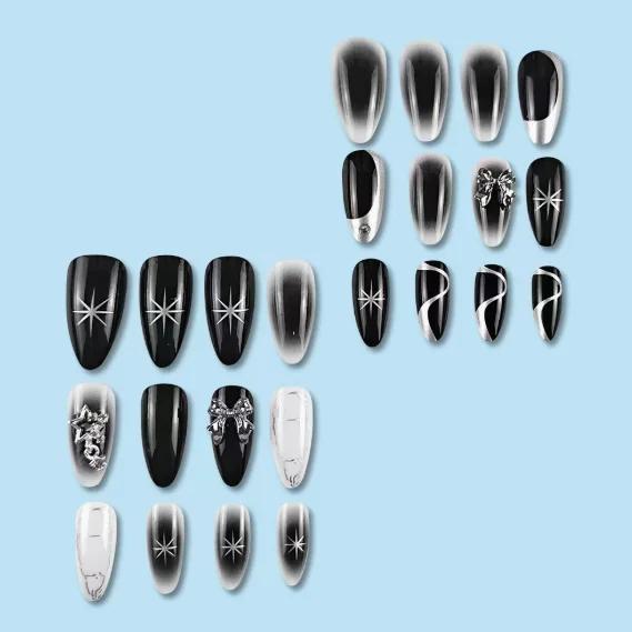 24Pcs Black & White Ombre Almond Press On Nails with Silver Bow & Star Charms, Cool Y2K Spicy Girl Fake Nails with Glue