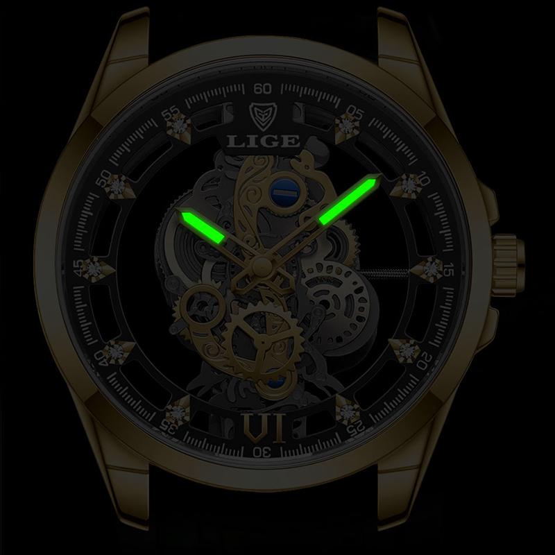 LIGE Top Brand Men's Watch Skeleton Quartz Watch Watch Gold Retro Fashion Men's Watch Men's Gift Top Brand Luxury Reloj Hombre