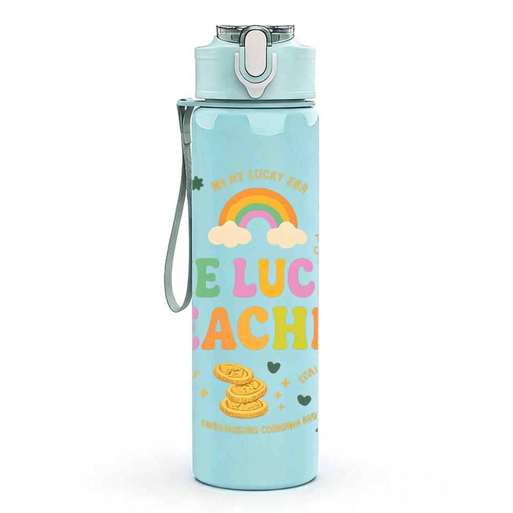 1PC One Lucky Teacher Rainbow Clover 750ml Color Plastic Sports Water Bottle Leakproof Flip Straw Lid Suitable for Sports Office Home Use