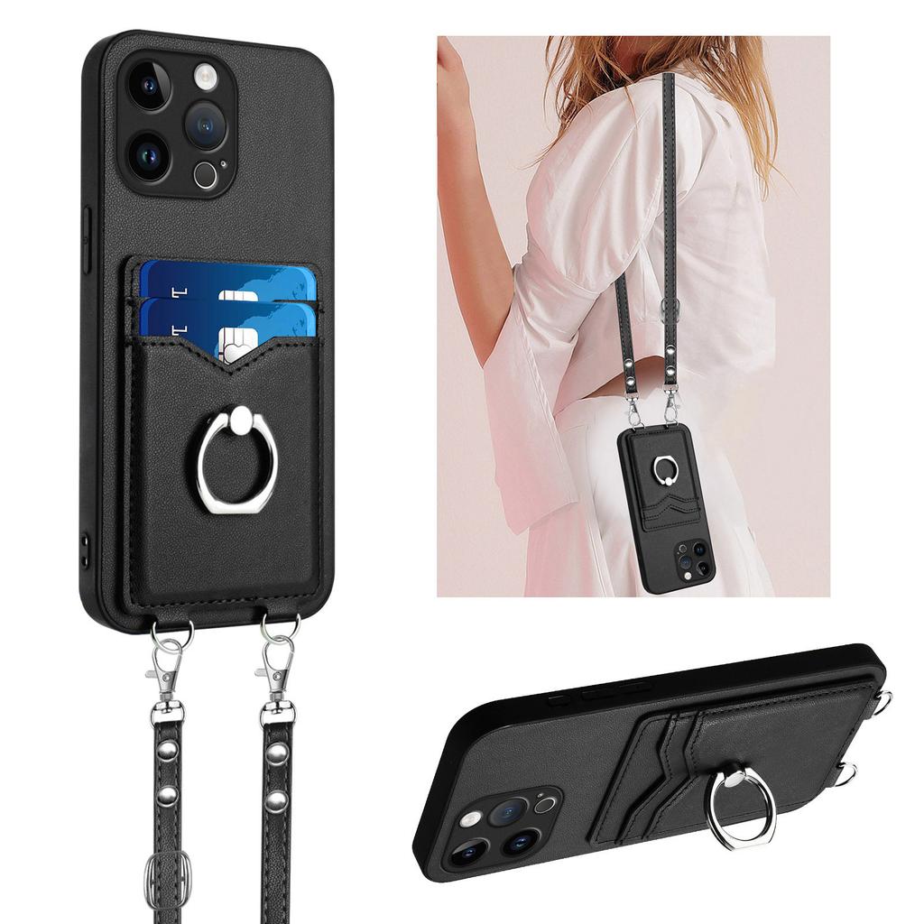Crossbody Kartenfach Ringhalter Geldbörse Lederhülle Für iPhone 15 Pro Max 14 Plus 13 12 11 7 SE 2026 Vertikale Tasche Lanyard Hülle