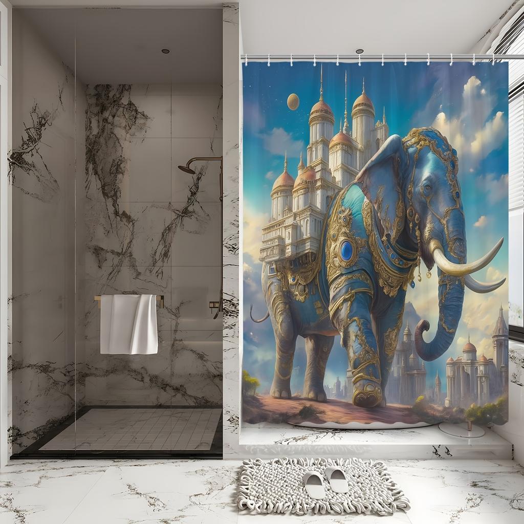 Fantasy Elephant Castle Shower Curtain - Blue Elephant In Golden Armor, Magical Scene, Polyester Fabric,Includes 12 Hooks