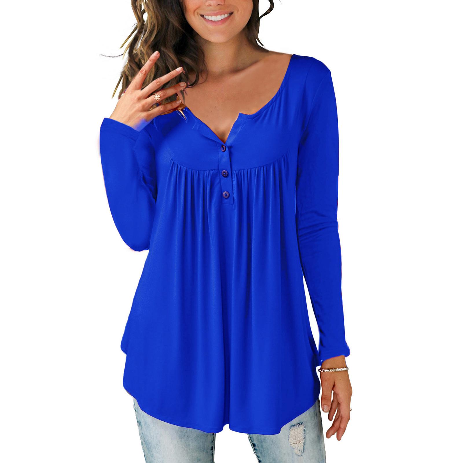 

Women s Casual Loose Solid Color Long-sleeved Loose Button Pleated Top L синий