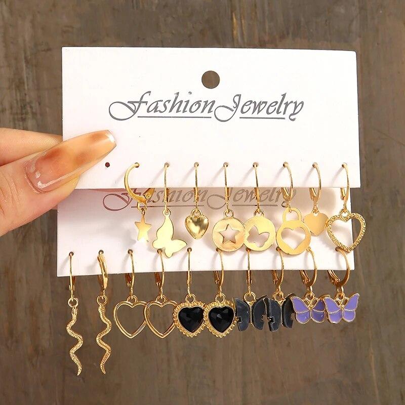 17KM Vintage Gold Color Hoop Earrings Set Pearl Metal Dangle Earrings for Women Crystal Twist Earrings Trendy Fashion Jewelry