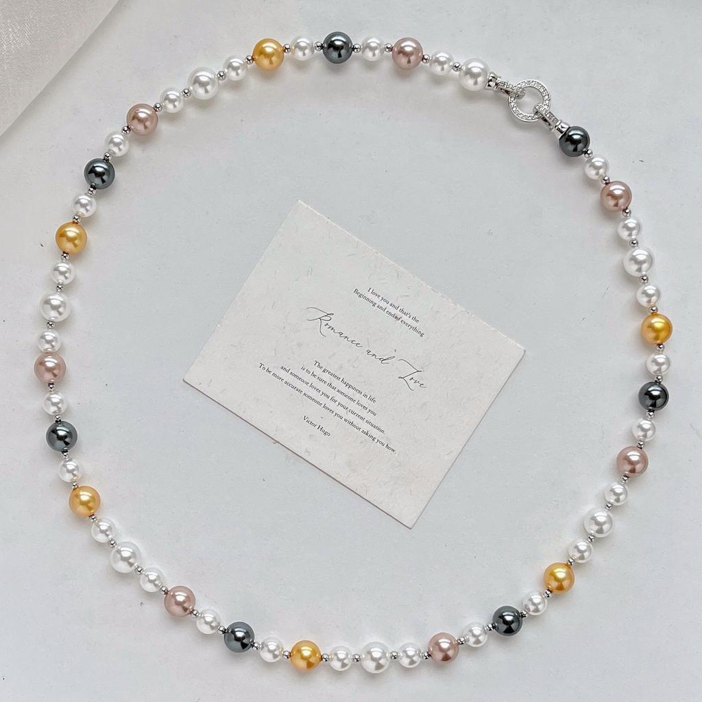 Vintage High Quality Maillard Mixed Color Shijia Pearl Sweater Chain Necklace Collarbone Chain