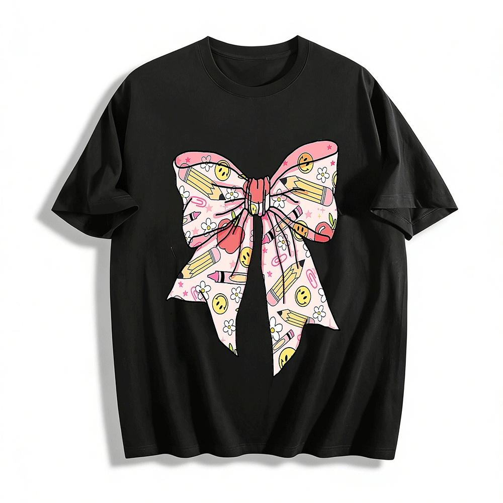 

Back to School Bow Print Casual Top with Fun Cartoon Elements Pure cotton T-shirt XXS