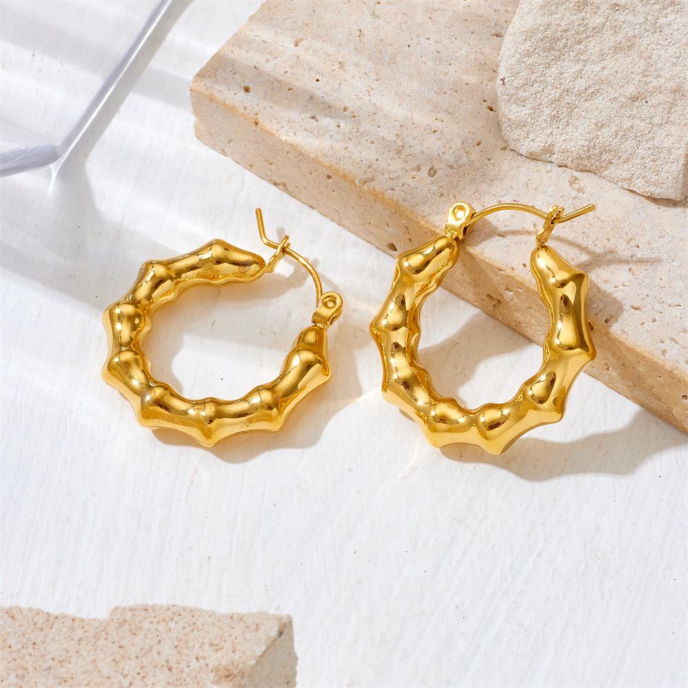 Retro Bamboo Joint Hoop Earrings for Women, Titanium Steel Plated with 18K Gold, Large and Exaggerated Design