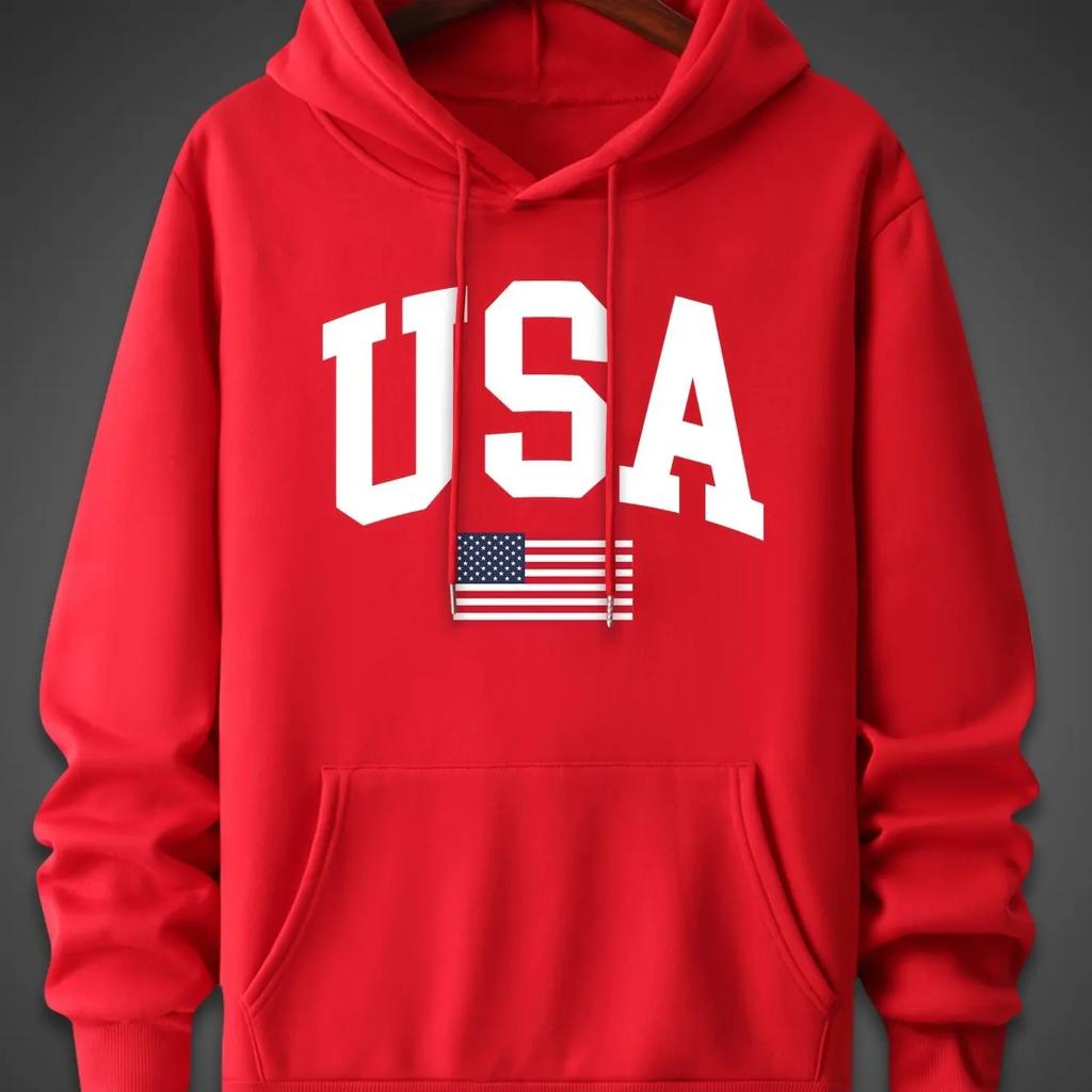 Men's Autumn and Winter Fashionable Casual Hoodie, Simple Printed American Flag, Comfortable Hooded Long-sleeved Sweatshirt