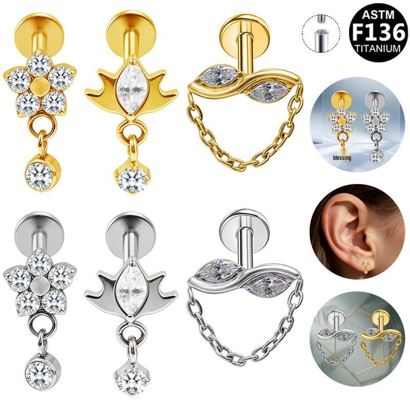 G23 Titanium Alloy Internal Thread Piercing with Flower Pendant Ear Bone Nail