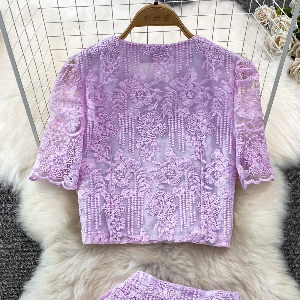 Summer Women Luxury Mesh Embroidery Flower Set Single Breasted Beading Pockets Top Shirt + Zipper Long Skirt Two Pieces Suits