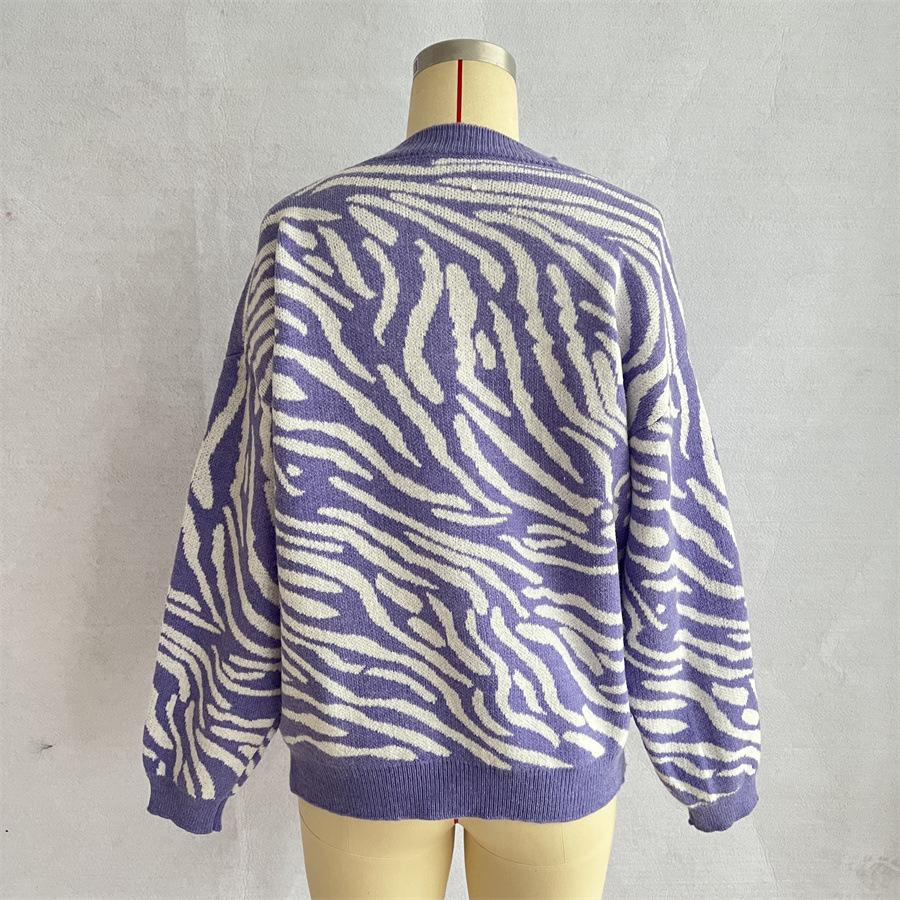Women's new autumn and winter commuting knitted zebra print contrasting pullover sweater KTB