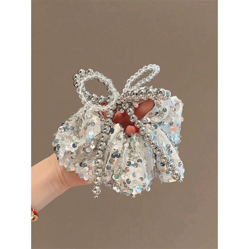 Silver Elastic Hair Tie Beaded Hair Bands 2025 New Bowknot Hair Scrunchie  for Women Girls
