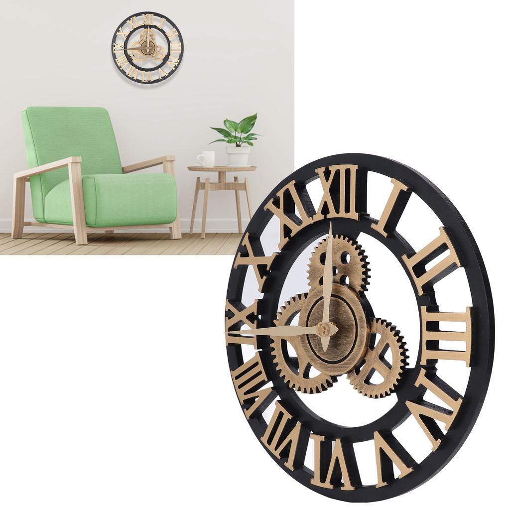 Large 3D Retro Wall Clock 34CM Vintage Wooden Gr Wall Clock Numerals Industrial   Clocks for Home Living Room Decoration