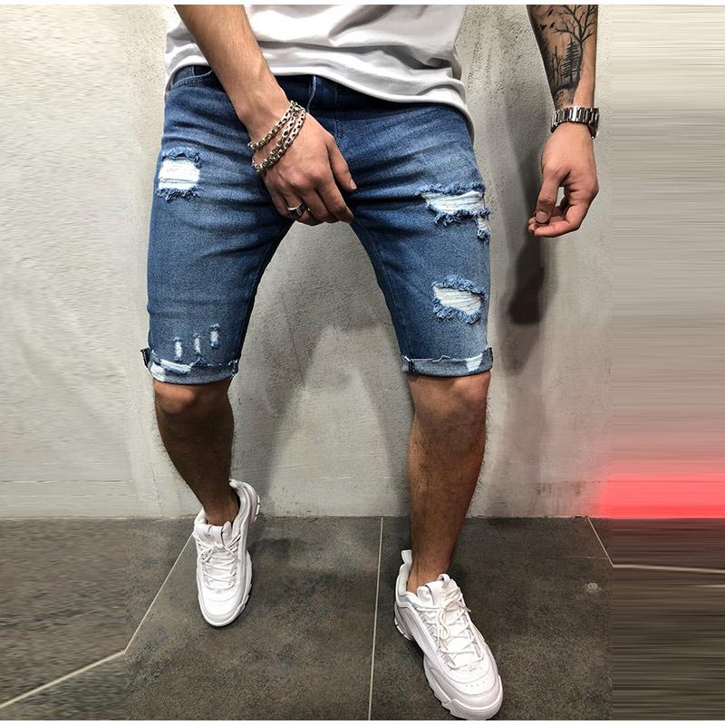 Pánské módní ležérní rovné díry rovné flocking denim krátké kalhoty ležérní slim fit denní nošení joggers mid waist jednobarevné džíny
