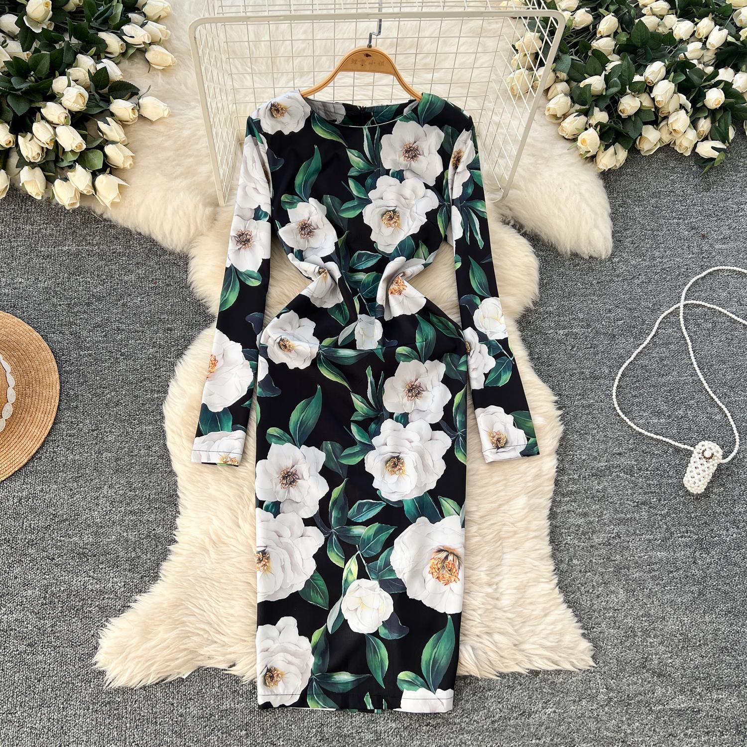 

Весна Лето Женские Элегантные Длинные Рукава Цветочный Принт Тонкие Облегающие Офисные Бизнес Платья-Карандаши 2XL