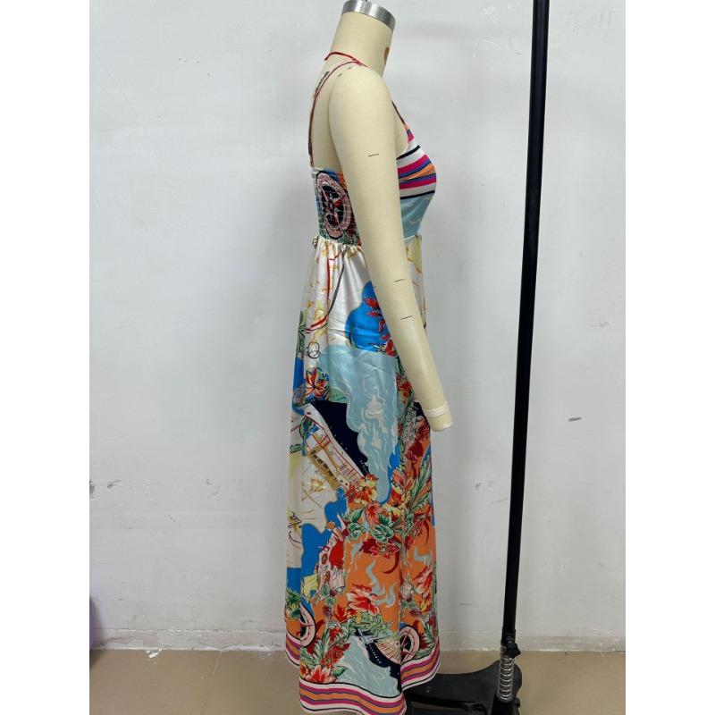 Letní dámské šaty s vysokým pasem, potiskem a halterovým stylem