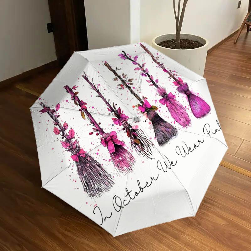 

Pink Broomsticks with Bowknots - Halloween Decoration, Automatic Opening/Closing Umbrella, Portable Tri-Fold Design, 8-Bone Iron Frame, Outd