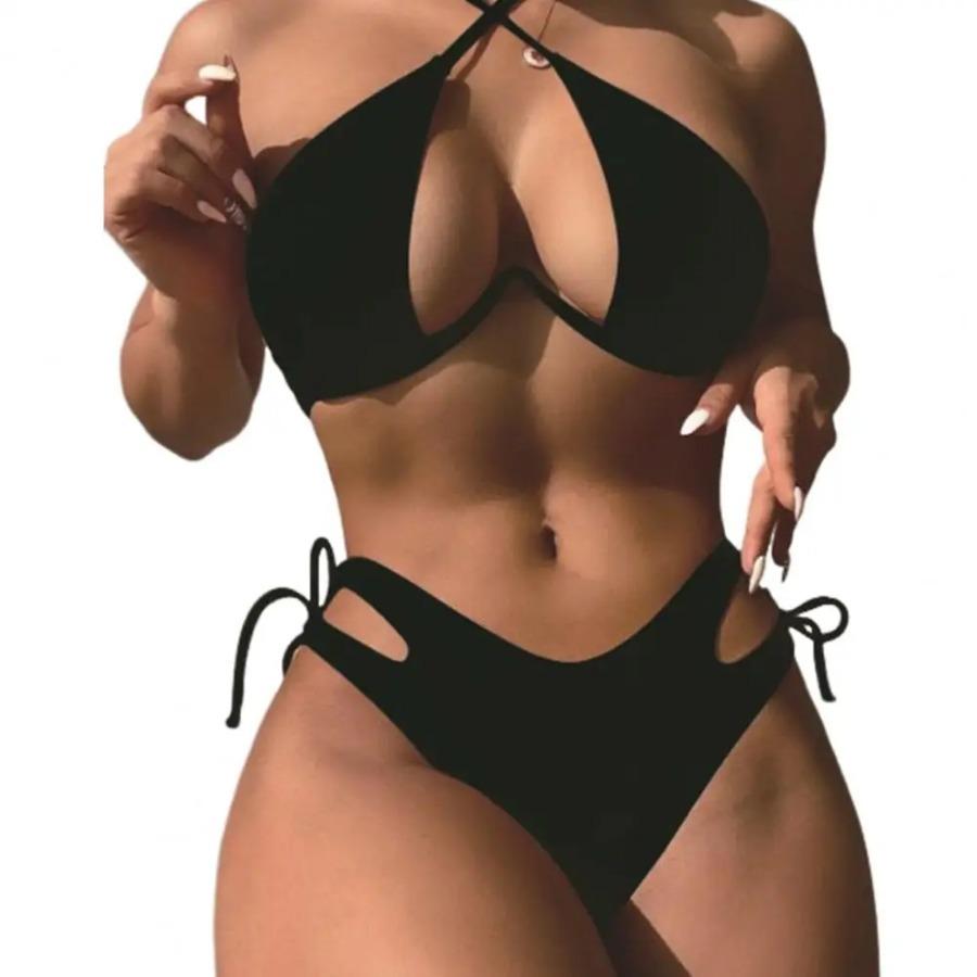 

Женский купальник, стильный женский летний комплект бикини с бюстгальтером на шее, трусы с высокой талией и шнуровкой, быстросохнущий купальный костюм для пляжа M чёрный
