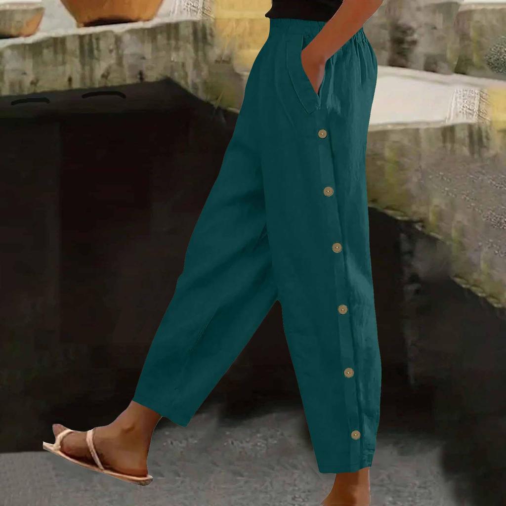 Women's Fashion Side-Button Pocket -Color Mid- Cotton-Linen Blend Relaxed-Fit Trousers